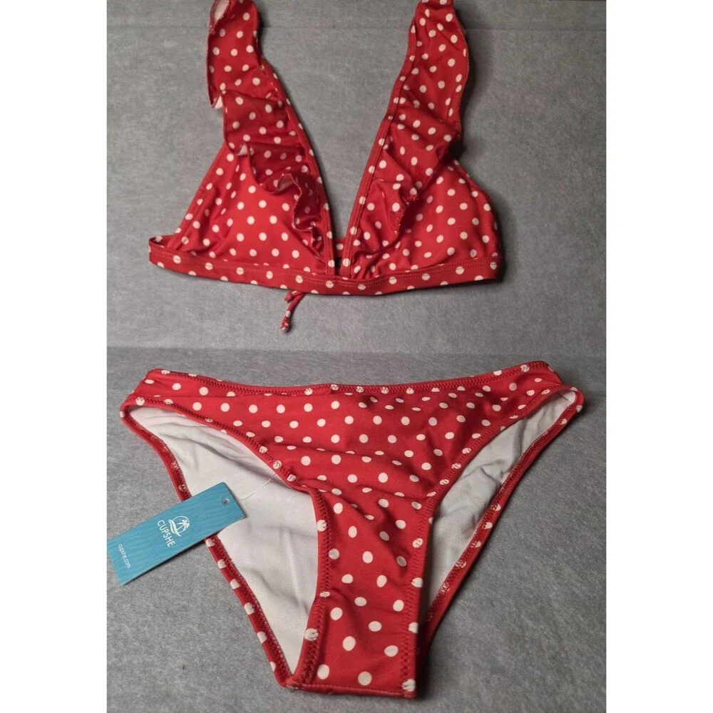 CUPSHE Red White Polka Dot Bikini Set Women's Size S Ruffle Triangle 2 Pc NWT